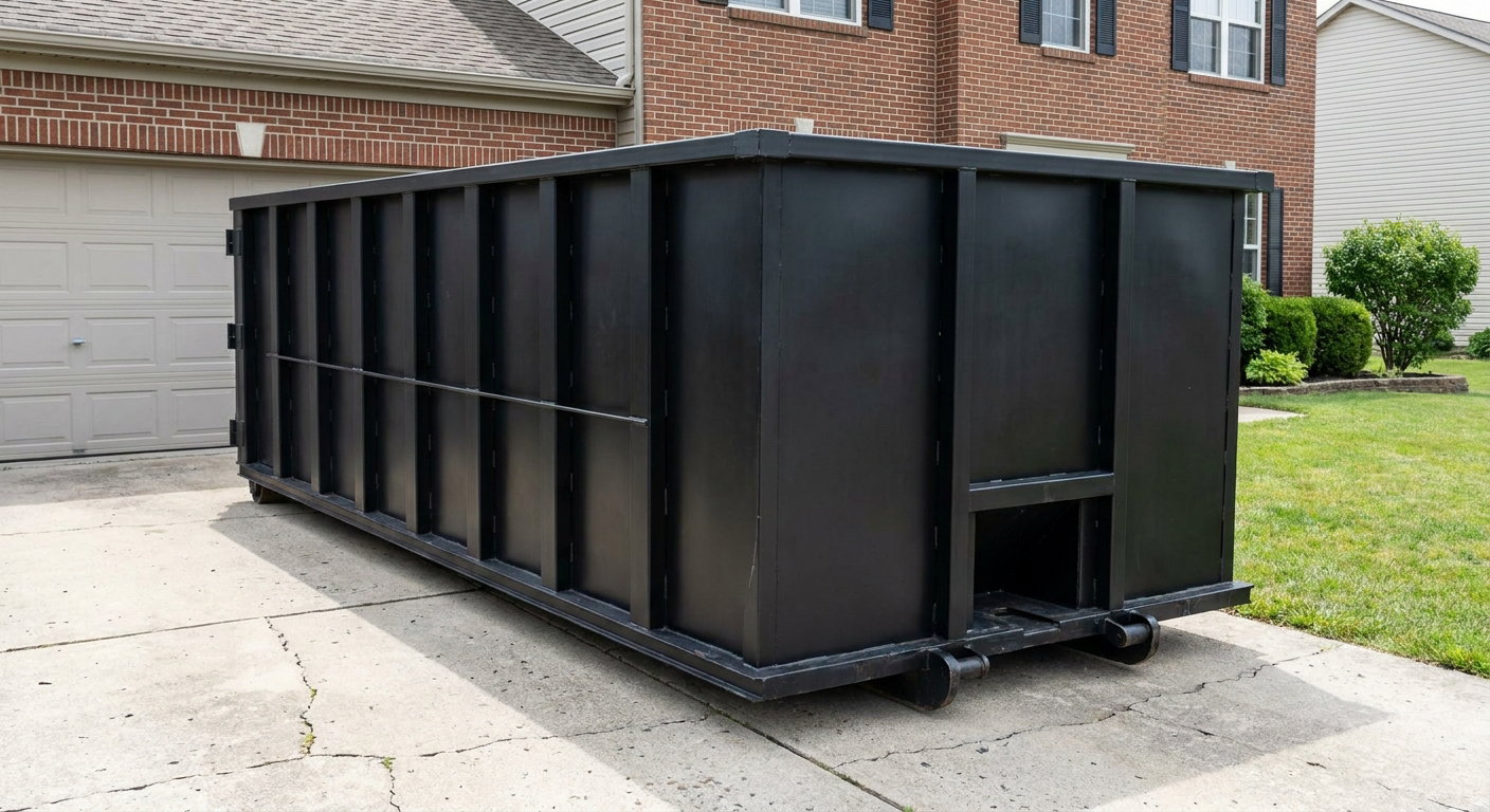 Matte-black 20-yard roll-off container on a Binghamton residential concrete driveway with reinforced ribbed steel sidewalls and a hinged rear walk-in door, clean bright daylight.