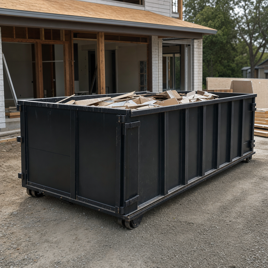 Large matte-black 30-yard construction roll-off dumpster at an active Binghamton jobsite, steel-gray top rails and bottom rollers visible, loaded with construction debris.