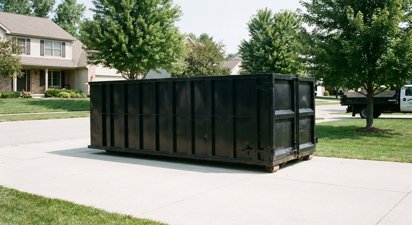 Matte-black 20-yard roll-off dumpster sitting level on a clean Binghamton residential concrete driveway under bright daylight, demonstrating clean placement directly on the concrete.