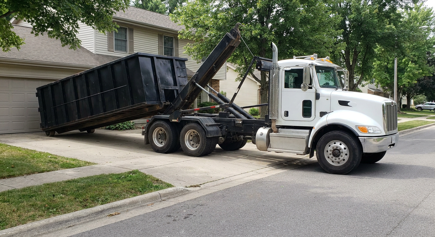 White-cab hooklift roll-off truck actively lowering a matte-black dumpster onto a Binghamton residential concrete driveway, the dumpster's rear wheels touching the driveway as the hoist arm tilts the bed forward, mid-morning daylight.