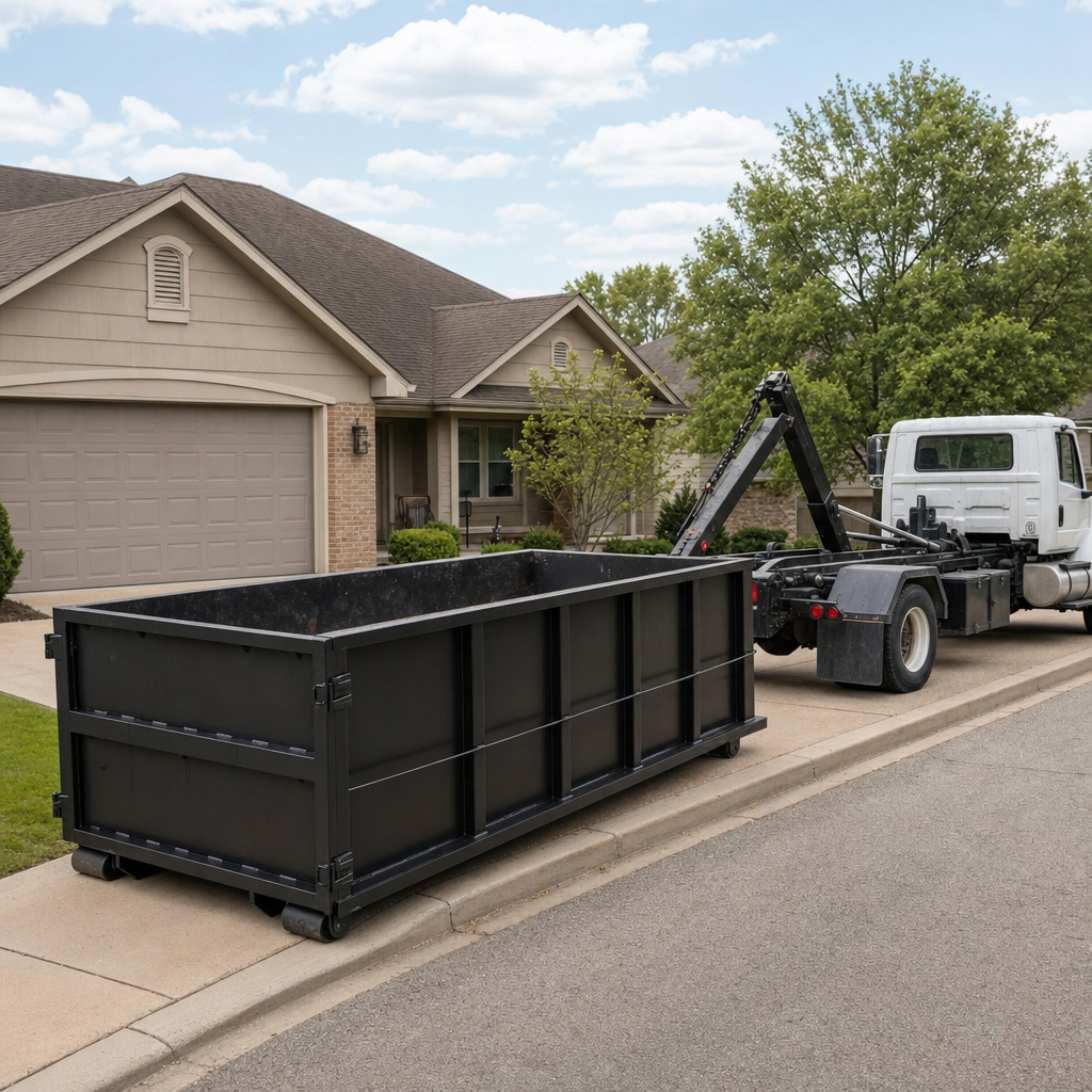 Wide documentary shot of a matte-black roll-off dumpster on a Binghamton residential driveway in the foreground and a contractor jobsite container in the soft-focus background, bright daylight, calm and orderly composition.