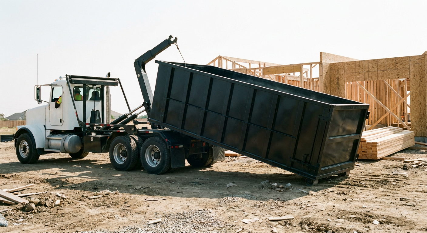 Matte-black roll-off dumpster being delivered onto a clean residential concrete driveway in Binghamton by an unmarked white hooklift hauler truck, bright morning daylight, documentary 35mm perspective.